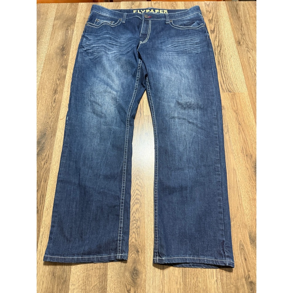 Flypaper Jeans Mens Size 38 Blue Denim Contrast Stitch Whiskering Straight Leg